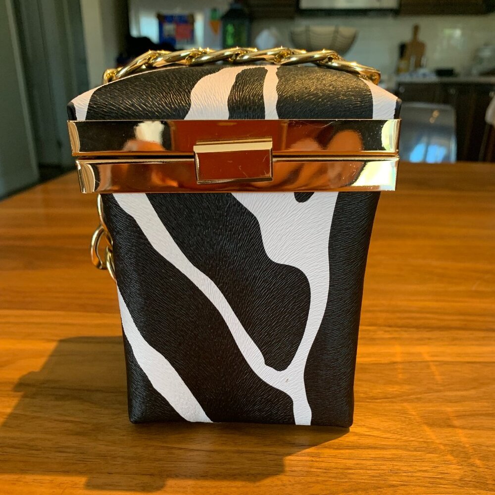 Purse, zebra print, cube shape, holds phone, EUC, hand or cross body